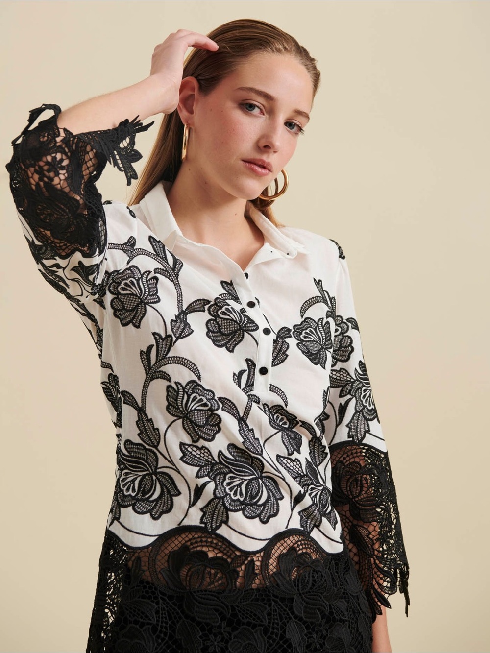 Anne Fontaine Viziane Shirt White ¾ Sleeve Lace & Black Floral Detail Size 6